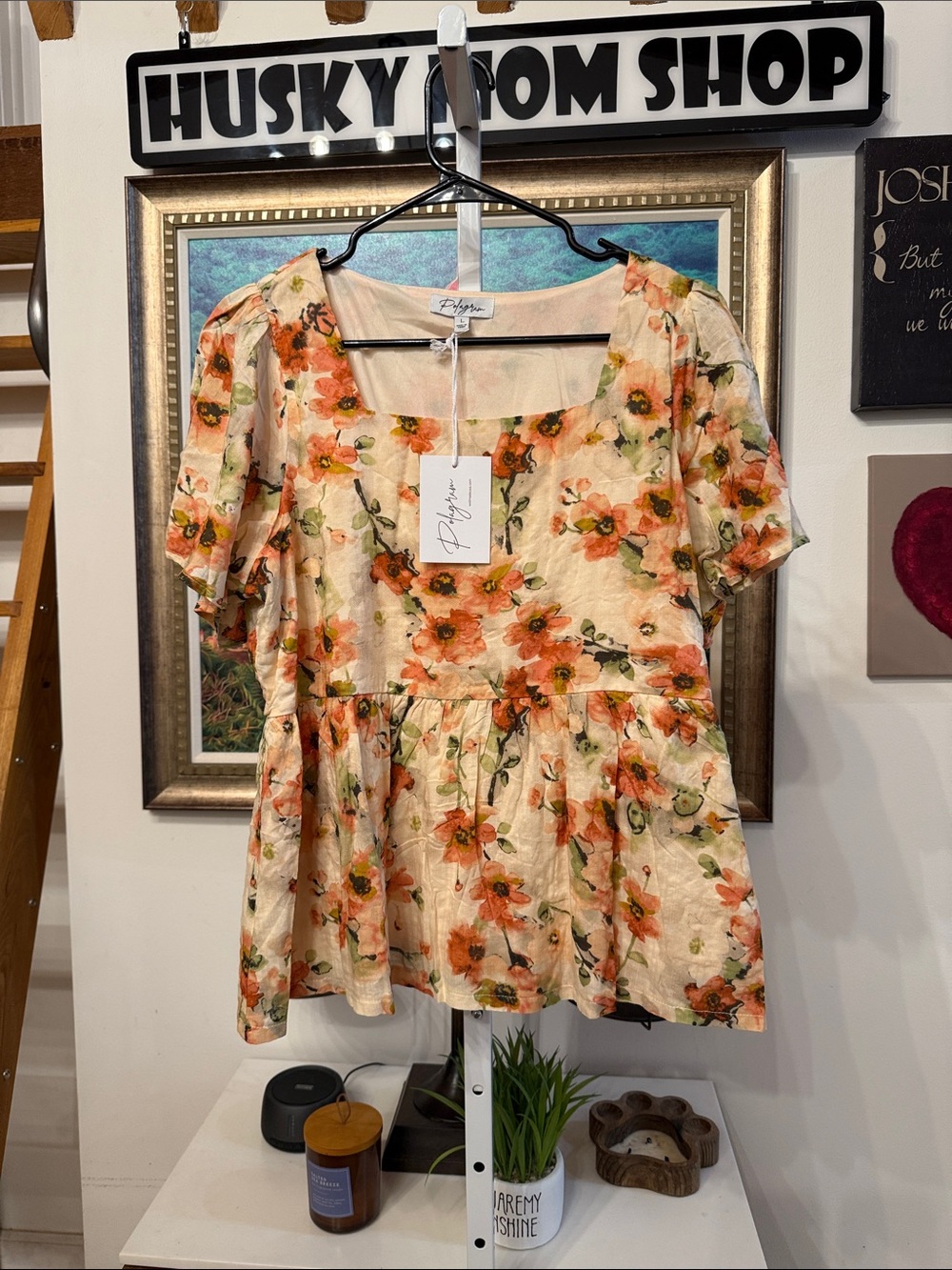 Polagram Cream Peplum Top with Orange Floral Print